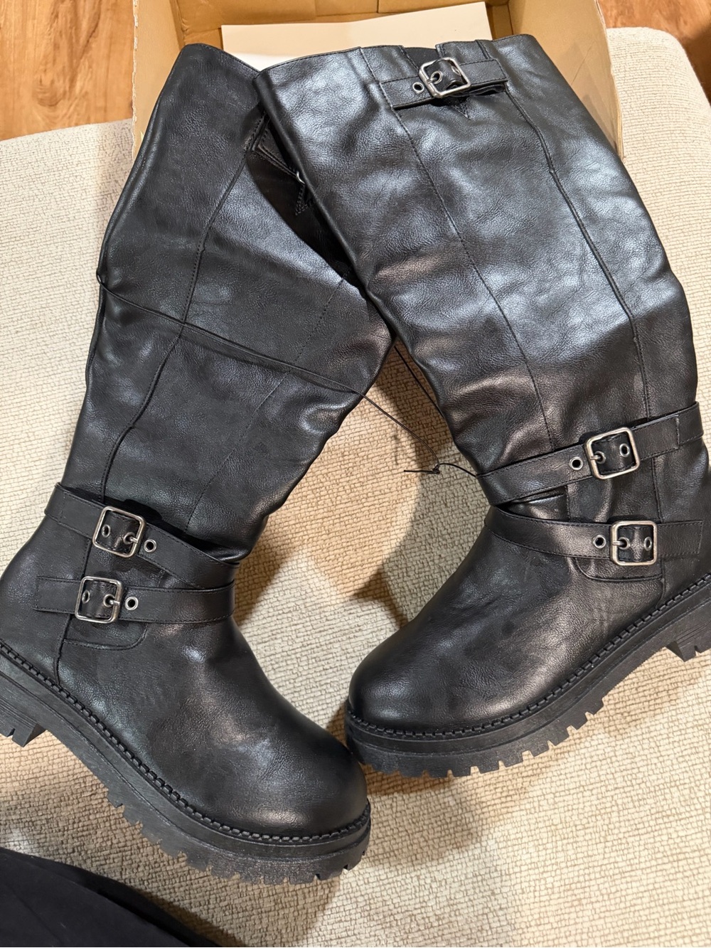 pop Black Over-the-Knee Leather Buckle Boots